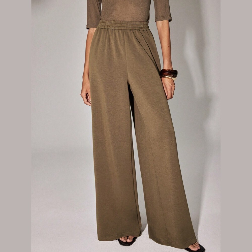 Olive Brown Elastic Waist Wide Leg Knit Pants